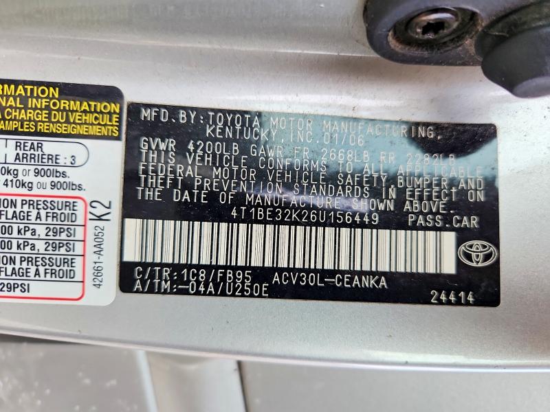 2006 Toyota Camry მანქანა იყიდება აუქციონზე, vin: 4T1BE32K26U156449, აუქციონის ნომერი: 60015426
