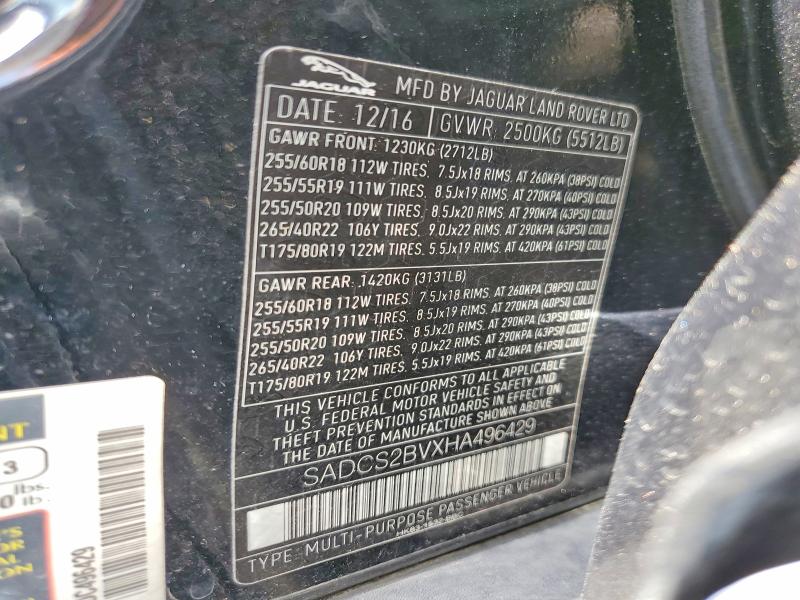 Продаж на аукціоні авто 2017 Jaguar F-pace, vin: SADCS2BVXHA496429, номер лоту: 62455196