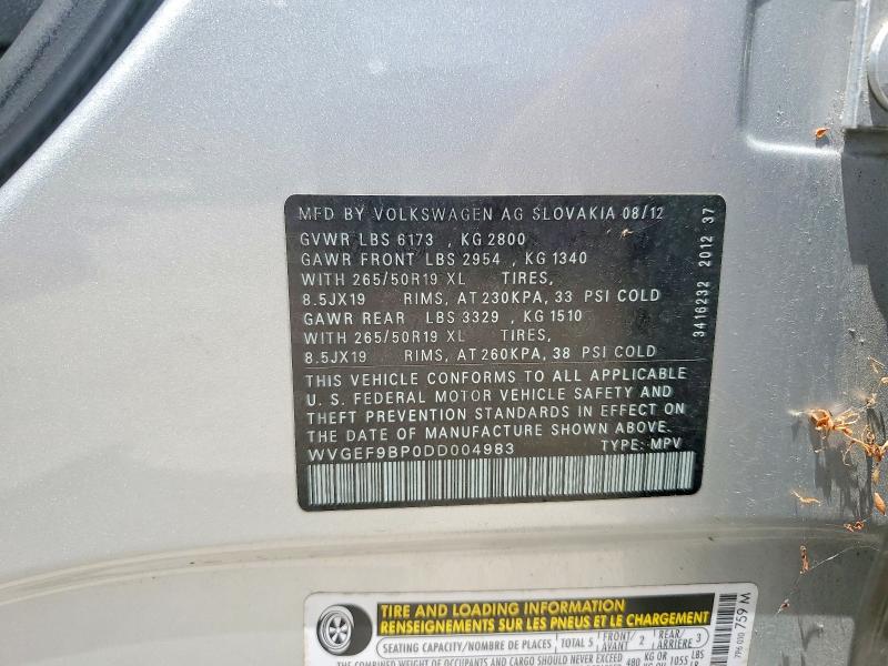 2013 Volkswagen Touareg მანქანა იყიდება აუქციონზე, vin: WVGEF9BP0DD004983, აუქციონის ნომერი: 62855246