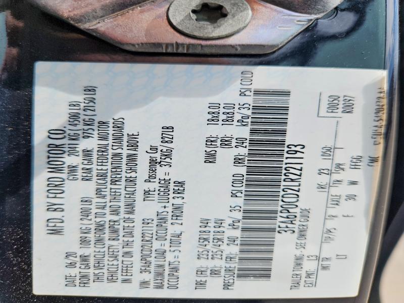 Aukcja sprzedaży 2020 Ford Fusion, vin: 3FA6P0CD2LR221193, numer aukcji: 61017876