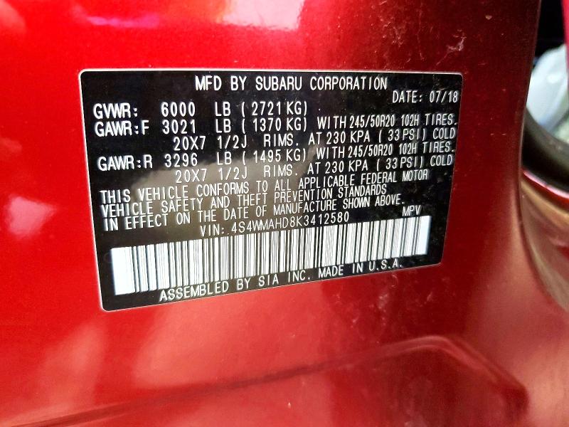 62813706 :رقم المزاد ، 4S4WMAHD8K3412580 vin ، 2019 Subaru Ascent مزاد بيع