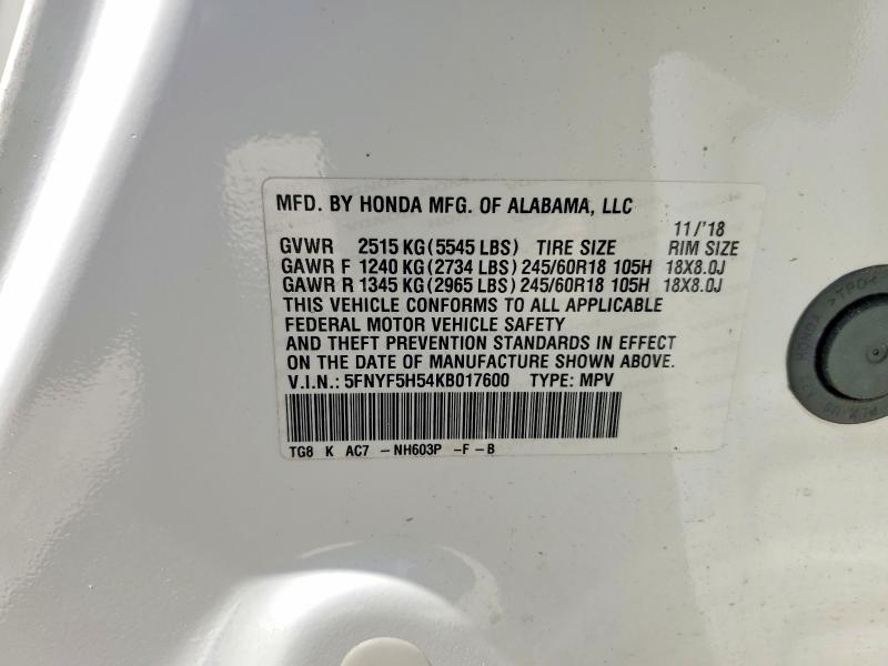 2019 Honda Pilot მანქანა იყიდება აუქციონზე, vin: 5FNYF5H54KB017600, აუქციონის ნომერი: 61920746