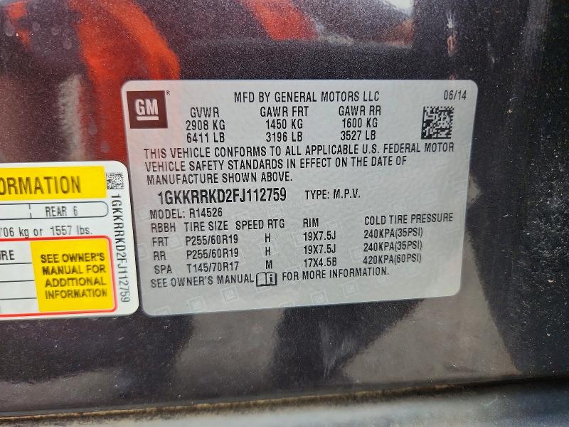 Aukcja sprzedaży 2015 Gmc Acadia, vin: 1GKKRRKD2FJ112759, numer aukcji: 62527426