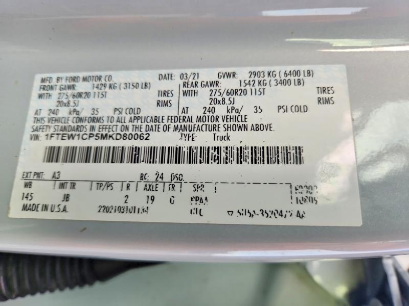61133696 :رقم المزاد ، 1FTEW1CP5MKD80062 vin ، 2021 Ford F150 مزاد بيع