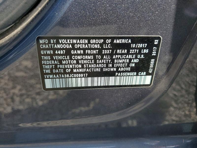 Aukcja sprzedaży 2018 Volkswagen Passat, vin: 1VWAA7A38JC009917, numer aukcji: 60417006