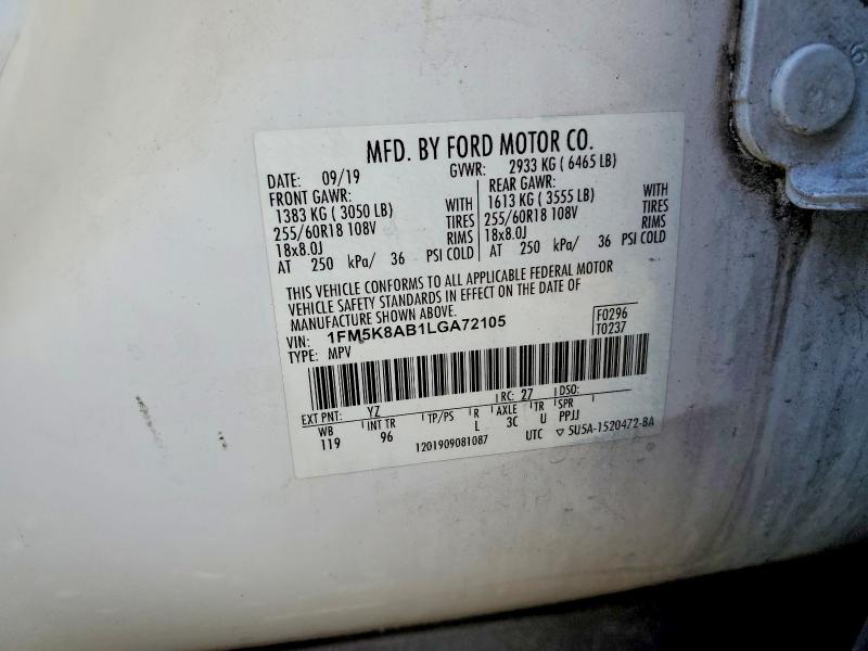 62926846 :رقم المزاد ، 1FM5K8AB1LGA72105 vin ، 2020 Ford Explorer مزاد بيع