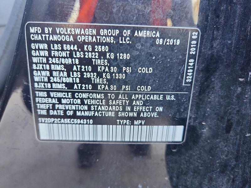 Aukcja sprzedaży 2019 Volkswagen Atlas, vin: 1V2DP2CA5KC594310, numer aukcji: 61249886