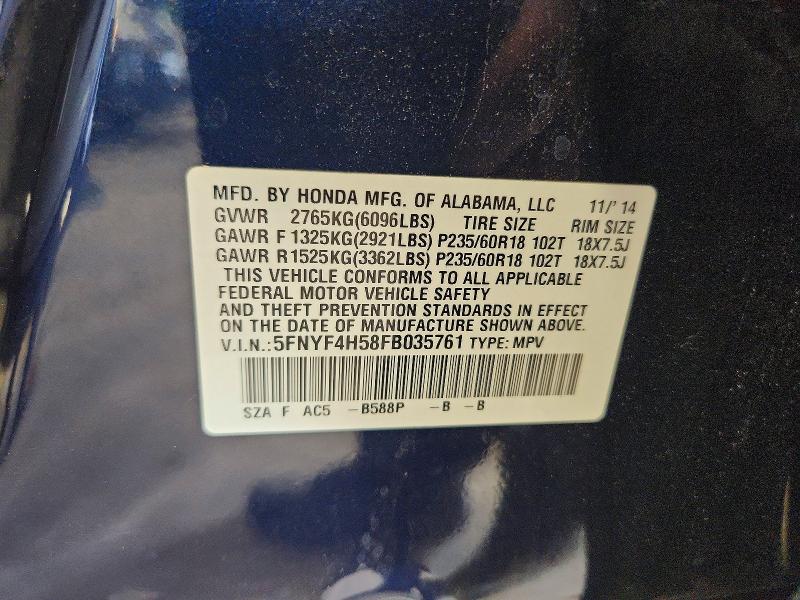 2015 Honda Pilot მანქანა იყიდება აუქციონზე, vin: 5FNYF4H58FB035761, აუქციონის ნომერი: 59683436