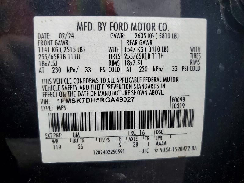 60765556 :رقم المزاد ، 1FMSK7DH5RGA49027 vin ، 2024 Ford Explorer مزاد بيع