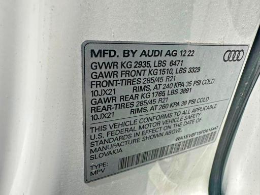 2023 Audi Q8 მანქანა იყიდება აუქციონზე, vin: WA1EVBF15PD015447, აუქციონის ნომერი: 56107186