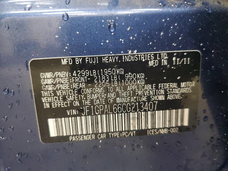 Aukcja sprzedaży 2012 Subaru Impreza, vin: JF1GPAL66CG213407, numer aukcji: 59585006