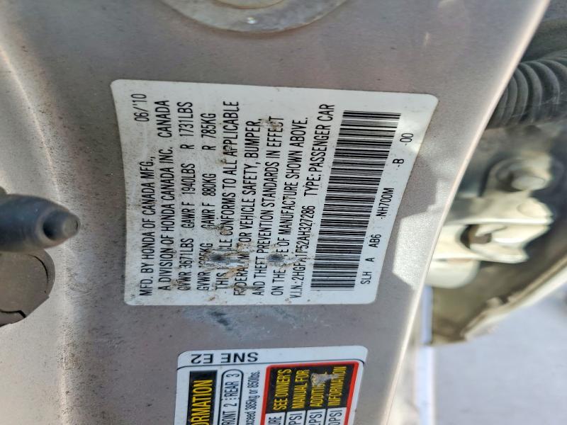 2010 Honda Civic მანქანა იყიდება აუქციონზე, vin: 2HGFA1F52AH327286, აუქციონის ნომერი: 60832046