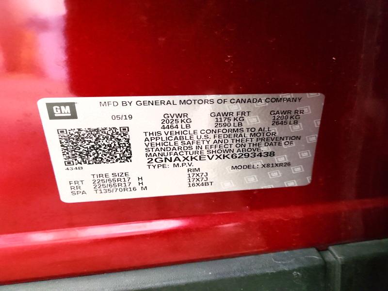 59014966 :رقم المزاد ، 2GNAXKEVXK6293438 vin ، 2019 Chevrolet Equinox مزاد بيع