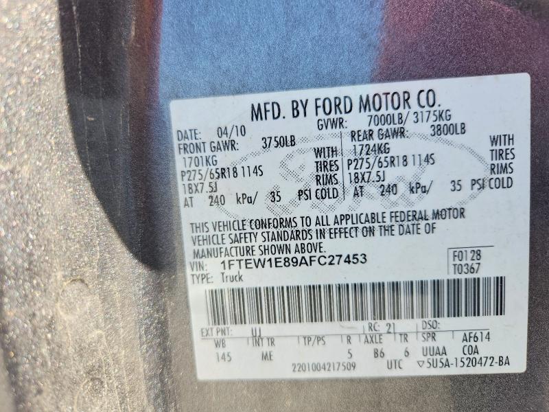61578266 :رقم المزاد ، 1FTEW1E89AFC27453 vin ، 2010 Ford F150 مزاد بيع