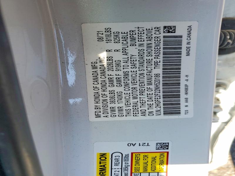 Aukcja sprzedaży 2022 Honda Civic, vin: 2HGFE2F22NH520186, numer aukcji: 59404566