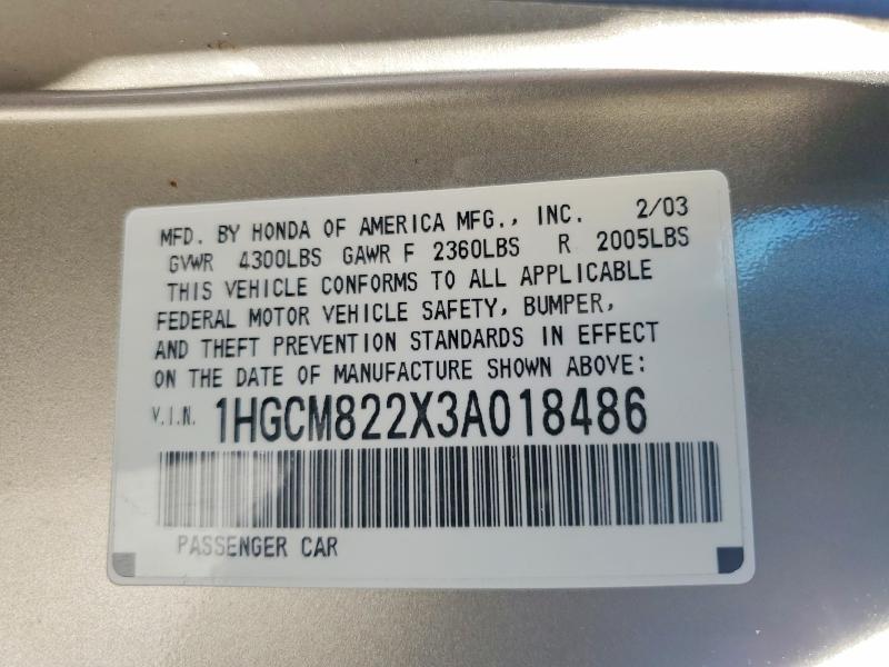 2003 Honda Accord მანქანა იყიდება აუქციონზე, vin: 1HGCM822X3A018486, აუქციონის ნომერი: 62064056