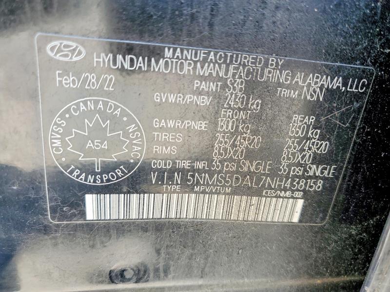 Aukcja sprzedaży 2022 Hyundai Santa Fe, vin: 5NMS5DAL7NH438158, numer aukcji: 58368886