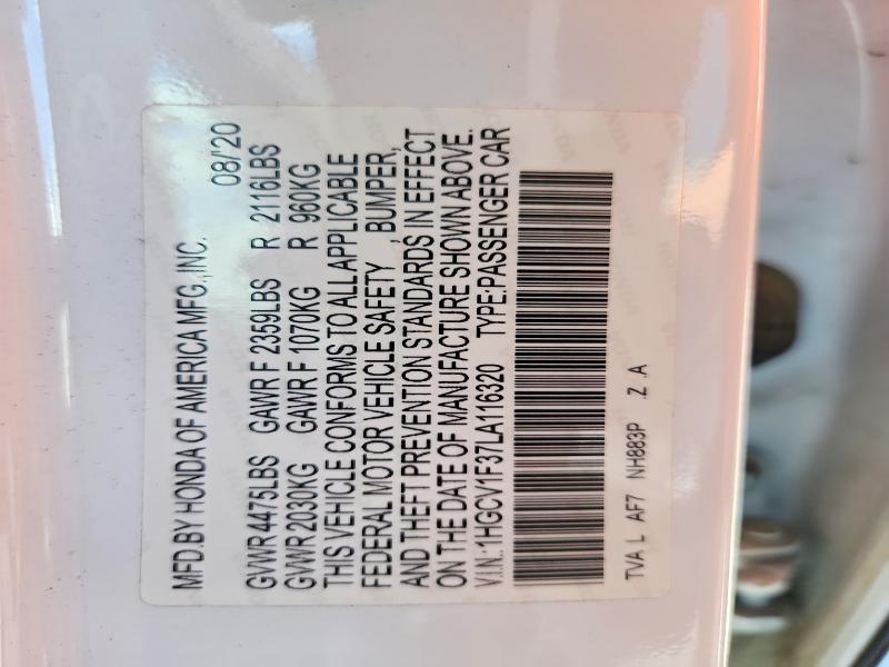 Auction sale of the 2020 Honda Accord, vin: 1HGCV1F37LA116320, lot number: 61703456