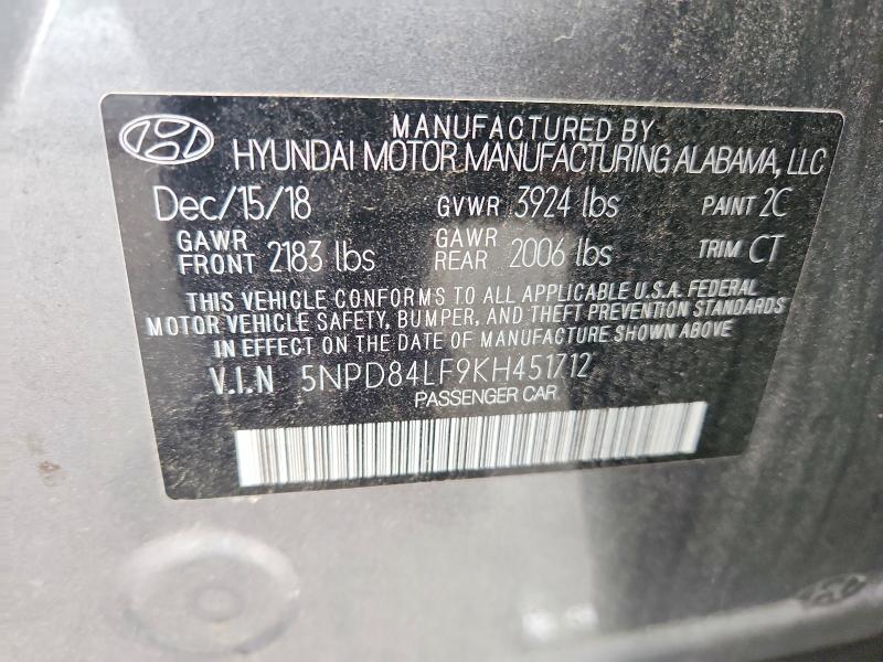 2019 Hyundai Elantra მანქანა იყიდება აუქციონზე, vin: 5NPD84LF9KH451712, აუქციონის ნომერი: 60190156