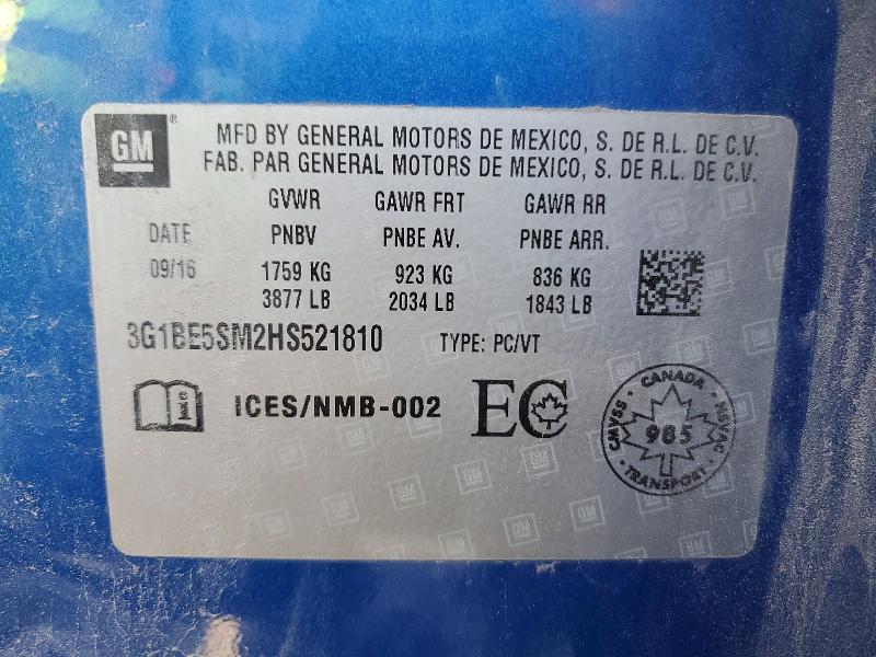 2017 Chevrolet Cruze მანქანა იყიდება აუქციონზე, vin: 3G1BE5SM2HS521810, აუქციონის ნომერი: 60953996