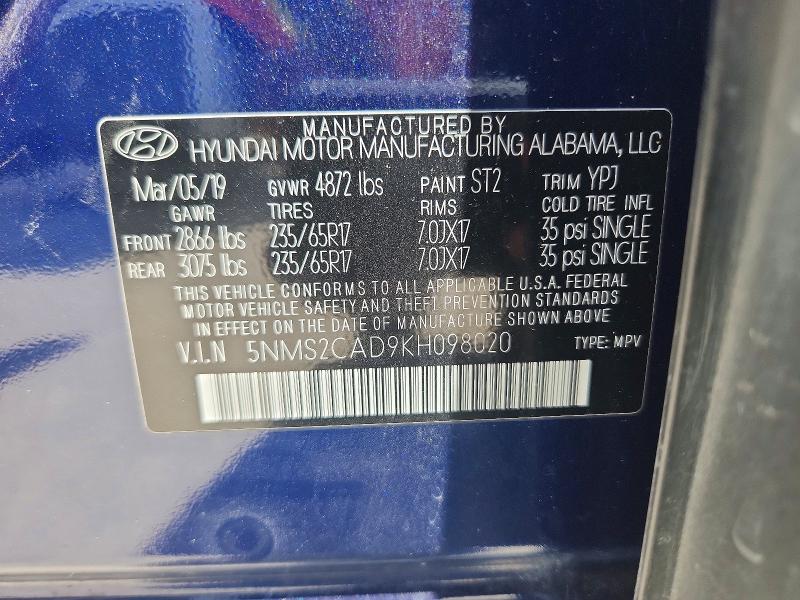 62984256 :رقم المزاد ، 5NMS2CAD9KH098020 vin ، 2019 Hyundai Santa Fe مزاد بيع