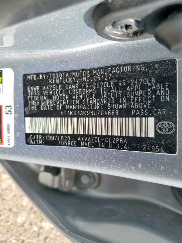 61963956 :رقم المزاد ، 4T1K61AK9NU704688 vin ، 2022 Toyota Camry مزاد بيع