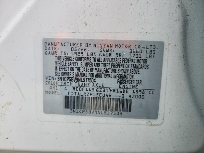 2022 Nissan Kicks მანქანა იყიდება აუქციონზე, vin: 3N1CP5BV9NL517504, აუქციონის ნომერი: 59849036