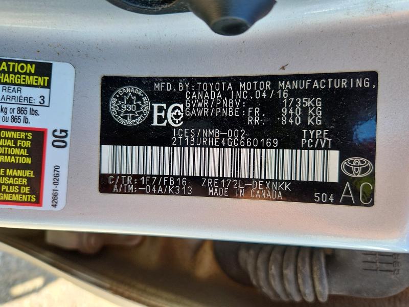 2016 Toyota Corolla მანქანა იყიდება აუქციონზე, vin: 2T1BURHE4GC660169, აუქციონის ნომერი: 61516076