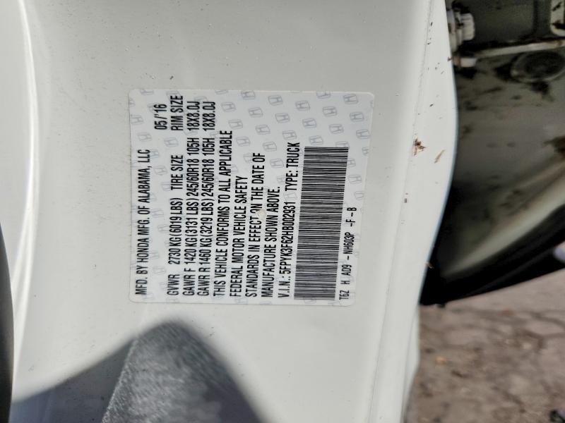 Aukcja sprzedaży 2017 Honda Ridgeline, vin: 5FPYK3F62HB002931, numer aukcji: 61879096