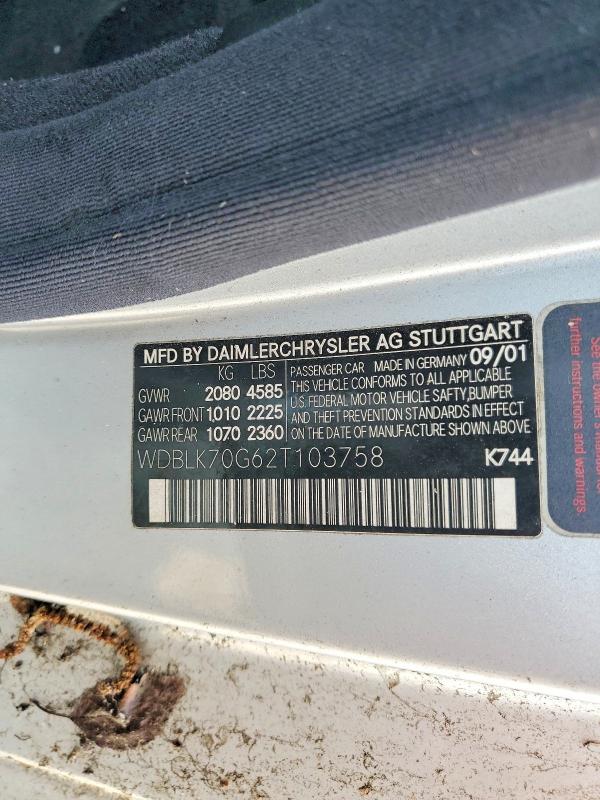 Aukcja sprzedaży 2002 Mercedes-benz Clk, vin: WDBLK70G62T103758, numer aukcji: 62171956