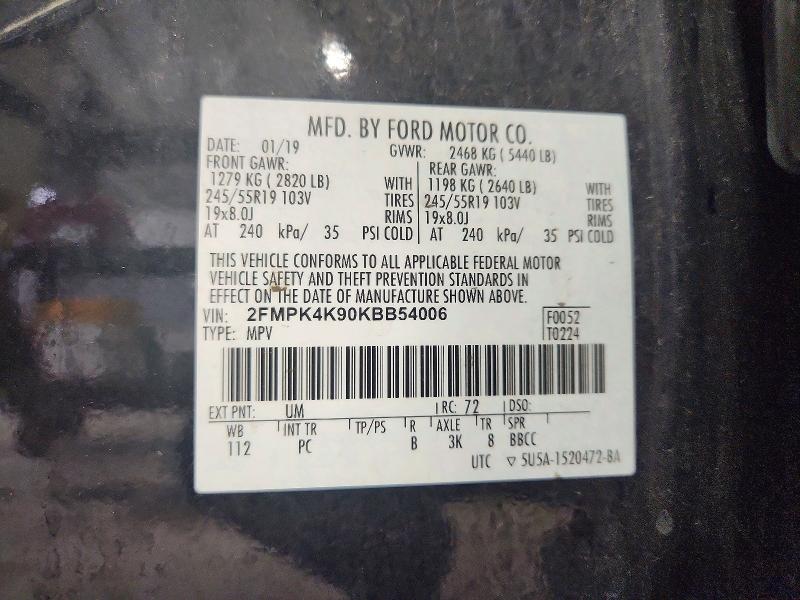 2019 Ford Edge მანქანა იყიდება აუქციონზე, vin: 2FMPK4K90KBB54006, აუქციონის ნომერი: 62716716