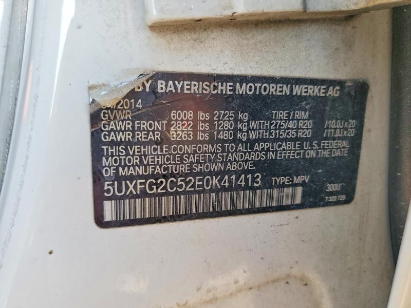 62528766 :رقم المزاد ، 5UXFG2C52E0K41413 vin ، 2014 Bmw X6 مزاد بيع