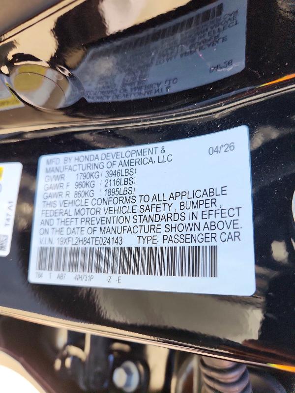 63015406 :رقم المزاد ، 19XFL2H84TE024143 vin ، 2026 Honda Civic مزاد بيع