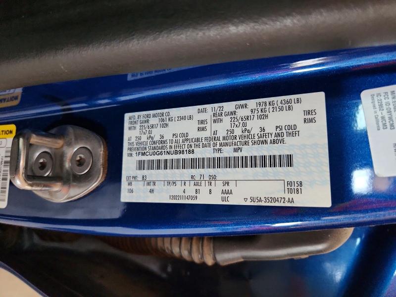 60520506 :رقم المزاد ، 1FMCU0G61NUB98188 vin ، 2022 Ford Escape مزاد بيع