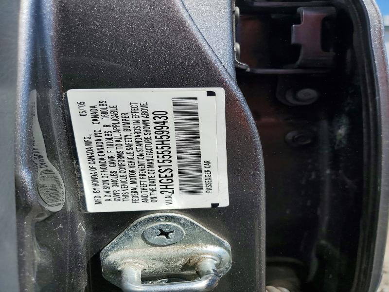 Aukcja sprzedaży 2005 Honda Civic, vin: 2HGES15555H599430, numer aukcji: 60035906
