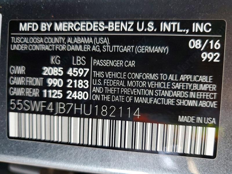 60082336 :رقم المزاد ، 55SWF4JB7HU182114 vin ، 2017 Mercedes-benz C مزاد بيع