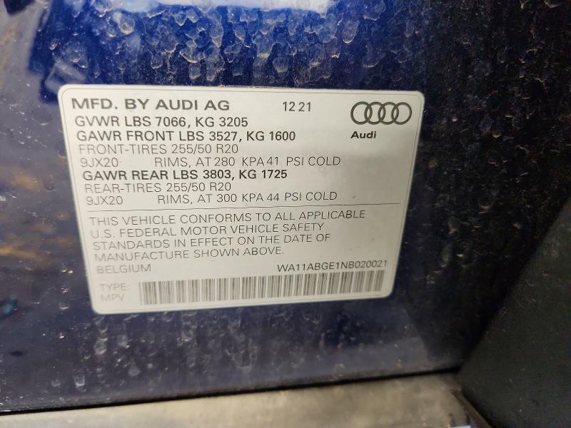 60569506 :رقم المزاد ، WA11ABGE1NB020021 vin ، 2022 Audi E-tron مزاد بيع