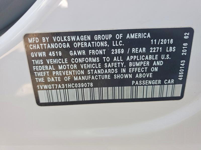 Продажа на аукционе авто 2017 Volkswagen Passat, vin: 1VWGT7A31HC039078, номер лота: 59732886