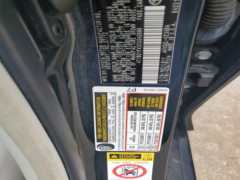 2012 Toyota Camry Hybrid მანქანა იყიდება აუქციონზე, vin: 4T1BD1FKXCU040686, აუქციონის ნომერი: 62124186