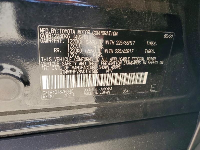 59226896 :رقم المزاد ، JTMMWRFV8ND151580 vin ، 2022 Toyota Rav4 مزاد بيع