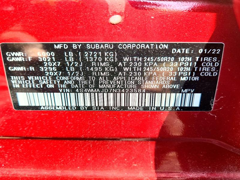 Aukcja sprzedaży 2022 Subaru Ascent, vin: 4S4WMAJD7N3423584, numer aukcji: 62767316