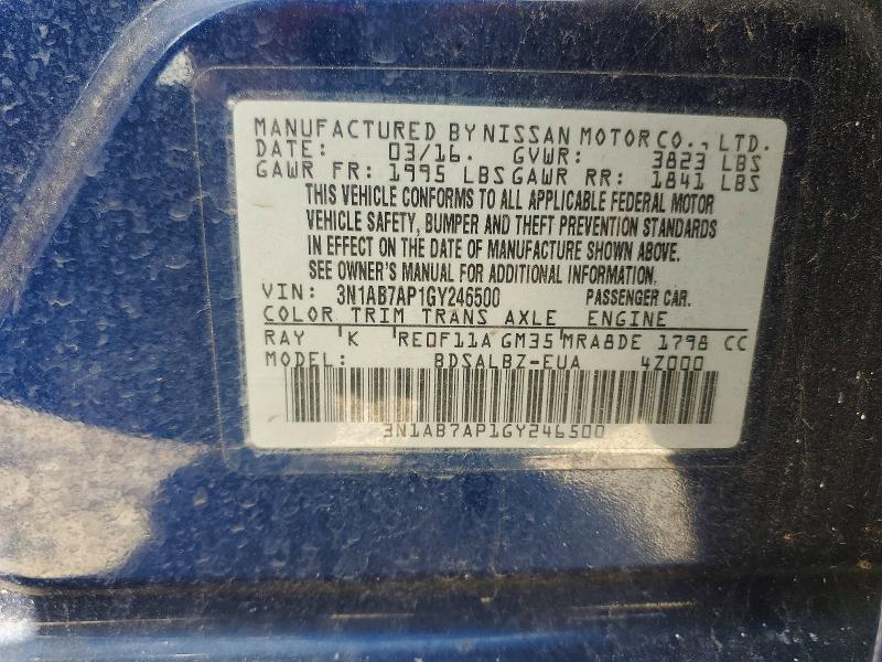 2016 Nissan Sentra მანქანა იყიდება აუქციონზე, vin: 3N1AB7AP1GY246500, აუქციონის ნომერი: 59377126