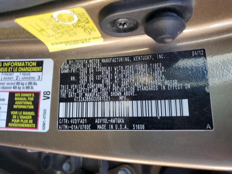 Продажа на аукционе авто 2012 Toyota Venza, vin: 4T3ZA3BB6CU061521, номер лота: 62928416