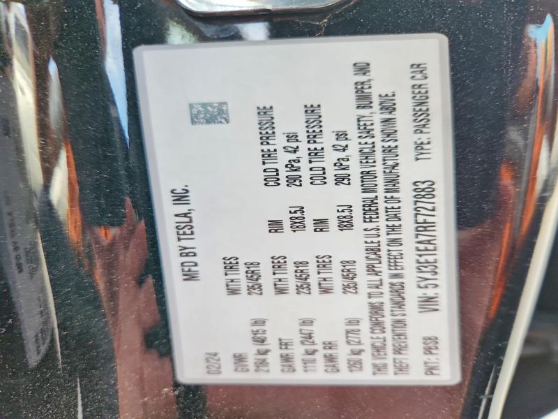 59361856 :رقم المزاد ، 5YJ3E1EA7RF727883 vin ، 2024 Tesla Model 3 مزاد بيع