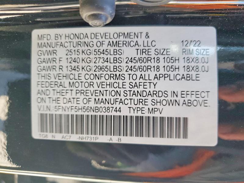 Продаж на аукціоні авто 2022 Honda Pilot, vin: 5FNYF5H56NB038744, номер лоту: 57196236