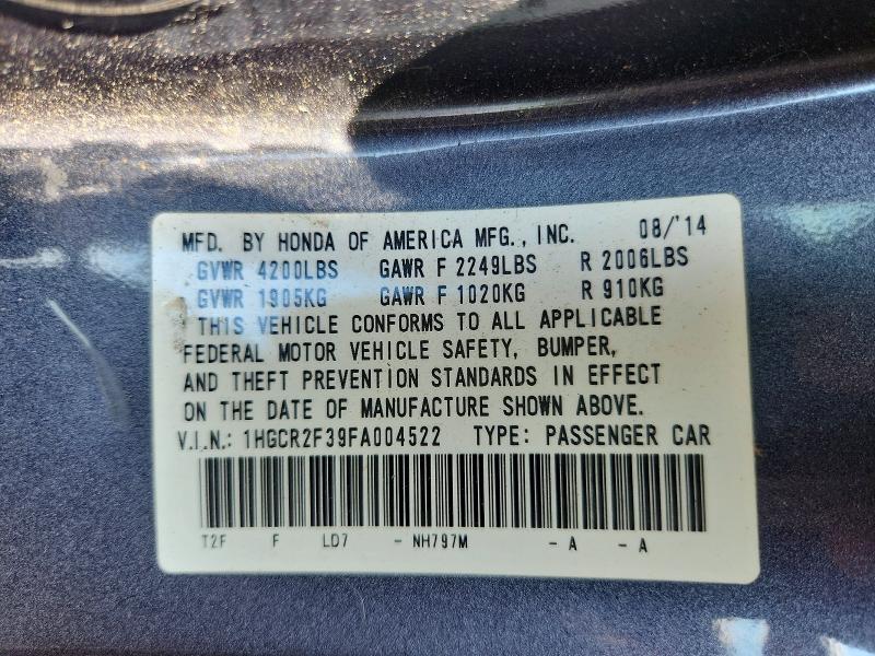 2015 Honda Accord მანქანა იყიდება აუქციონზე, vin: 1HGCR2F39FA004522, აუქციონის ნომერი: 61599396