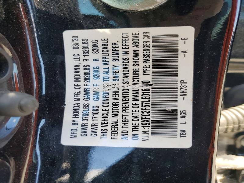 2020 Honda Civic მანქანა იყიდება აუქციონზე, vin: 19XFC2F67LE016880, აუქციონის ნომერი: 60747556