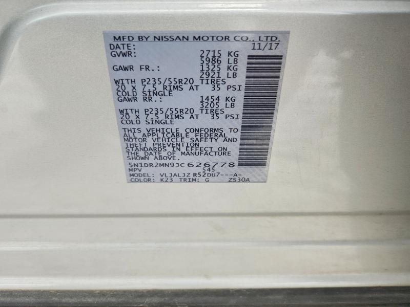 62089476 :رقم المزاد ، 5N1DR2MN9JC626778 vin ، 2018 Nissan Pathfinder مزاد بيع
