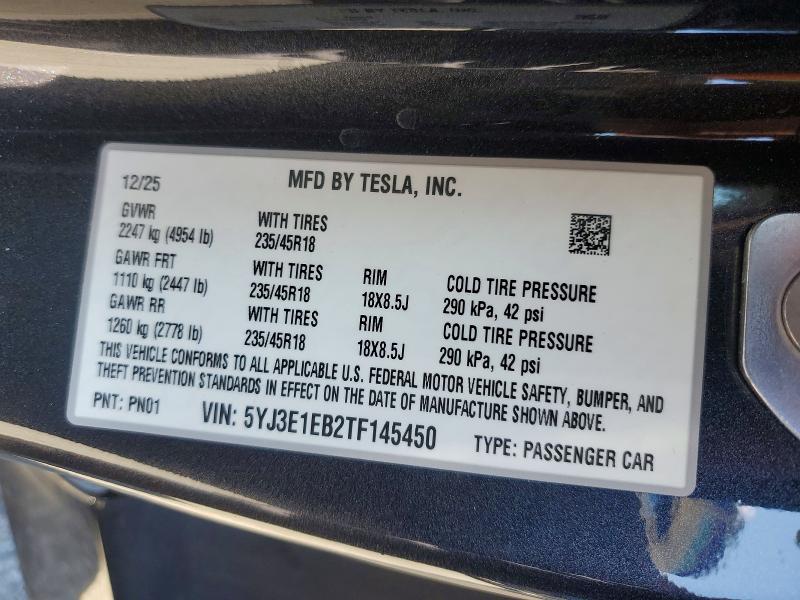 62121516 :رقم المزاد ، 5YJ3E1EB2TF145450 vin ، 2026 Tesla Model 3 مزاد بيع