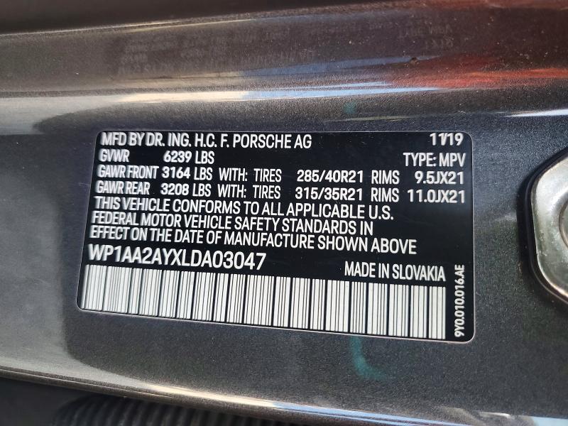62840096 :رقم المزاد ، WP1AA2AYXLDA03047 vin ، 2020 Porsche Cayenne مزاد بيع